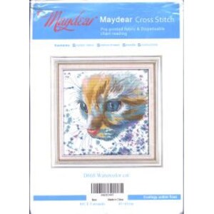 May include: Cross stitch pattern featuring a watercolor painting of a cat's face with blue eyes and a splash of colorful paint in the background. The pattern is titled "Little Watercolor Cat".