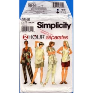 May include: Simplicity sewing pattern number 9546 for separates. The pattern includes four different styles: a sleeveless top with a vest, a short-sleeved top, a sleeveless top with a skirt, and a sleeveless top with shorts. The pattern is labeled "2 Hour Separates".