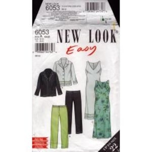May include: A sewing pattern package from New Look, featuring illustrations of various garments. The package includes a black jacket, a light gray jacket, black pants, green pants, a sleeveless dress, and a floral print dress. The text "NEW LOOK Easy" is prominently displayed.