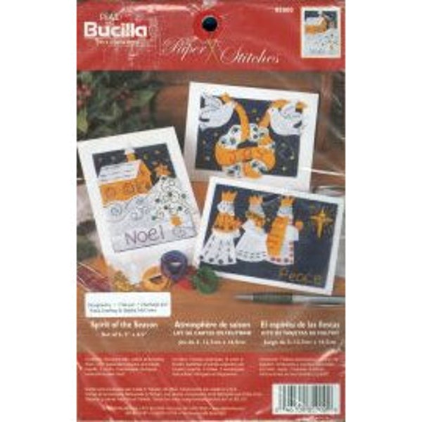 2003 Spirit of the Season, Three DIY Christmas Cards Using Felt,Sequins and Beads 5"x6-1/2" - Bucilla Plaid Paper Stitches Kit 85000