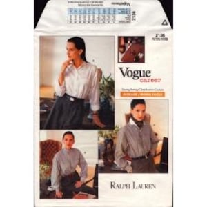 May include: A Vogue Career sewing pattern envelope, number 2136, by Ralph Lauren. The white paper packaging features three photographs of a button-down shirt and skirt ensemble, with text including Vogue career, Ralph Lauren, and Average/Moyen Facile.