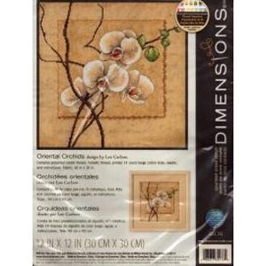May include: A Dimensions cross-stitch kit featuring a design of Oriental Orchids. The kit includes cotton thread, aida cloth, needle, and instructions. The finished piece measures 12 x 12 inches.