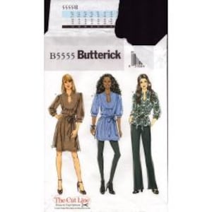 May include: Butterick B5555 sewing pattern envelope featuring illustrations of three garments: a brown knee-length dress, a blue tunic with a tie waist, and a patterned green blouse with dark trousers. The text includes the brand name Butterick.