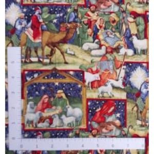 May include: Fabric with a Christmas nativity scene design. The fabric features illustrations of the three wise men, baby Jesus, Mary, Joseph, and various animals. The scene is set against a starry night sky. The fabric is 10 inches wide.