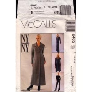 May include: A McCall's 2465 sewing pattern envelope featuring a long, grey, double-breasted coat with a notched collar. The packaging displays the text NY NY, McCall's, and 2465, along with three smaller images showing variations of the coat and pants.