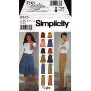 May include: Simplicity sewing pattern 5752. The pattern features images of skirts in various styles and colors. The pattern includes sizes PS (10, 12, 14, 16, 18, 20). The package is white with black text and images.