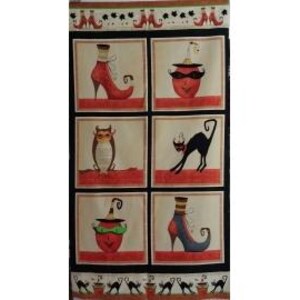 May include: A rectangular fabric panel featuring six square illustrations arranged in two columns. The images depict red high-heeled shoes, a masked pumpkin, an owl, a black cat, and a green-masked pumpkin. The border has black cat motifs.
