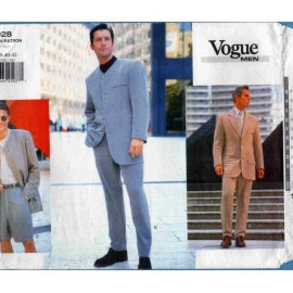 1997 Men's Suit Notch Collar or Collarless Long Sleeve Jacket Shorts Tapered Pants UC FF Size 38,40,42 - Vogue Sewing Pattern 1928