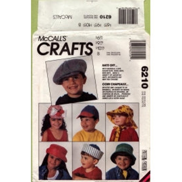 1992 Childs Boys Girls Baseball Pageboy Cap Sailor Bush Bucket or Sun Hat with Bow UC FF Size S,M,L - McCalls Sewing Pattern 6210