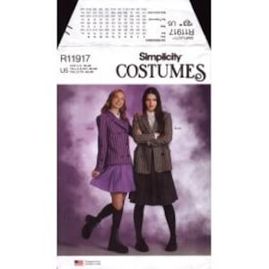 May include: Simplicity Costumes pattern R11917 featuring two women in blazers and skirts. One blazer is purple and black striped, paired with a purple skirt and black boots. The other is brown and black striped, with a black skirt and shoes. The pattern includes sizing information.