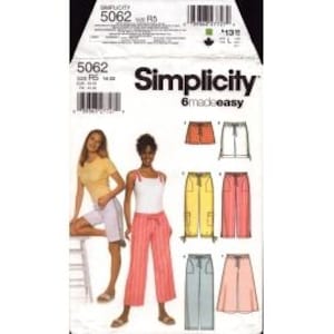 May include: Simplicity sewing pattern 5062. The package features images of shorts, skirts, and pants. The pattern includes images of women wearing the garments. The package has the Simplicity logo and the words "6 made easy".