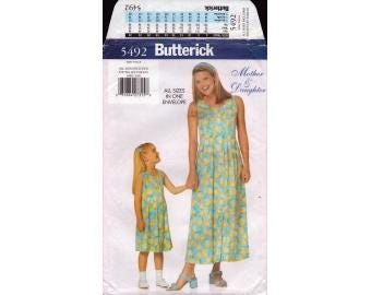 1998 Misses & Girl s Child s Matching Front Button Sleeveless Dress Front Tuck Back Ties Uncut Size XS,S,M,L - Butterick Sewing Pattern 5492
