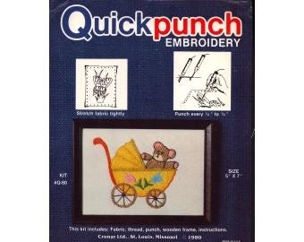 1980 Baby Carriage Buggy Punch Needle Bunka Embroidery Needlework Kit 5" x 7" - Kazari Kit Q 60