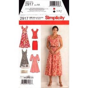 May include: Simplicity sewing pattern 2917. The pattern includes options for a floral print dress, a red skirt, and a top. The model is wearing a floral dress with a brown belt. The pattern size range is AA, sizes 10-18.