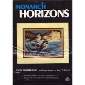 May include: A Monarch Horizons needlepoint kit titled Snow Covered Barn featuring a winter scene with two birds on a pine branch and a barn in the background. The packaging includes the design by Roger W. Reitzards and states dimensions of 5 inches by 7 inches.