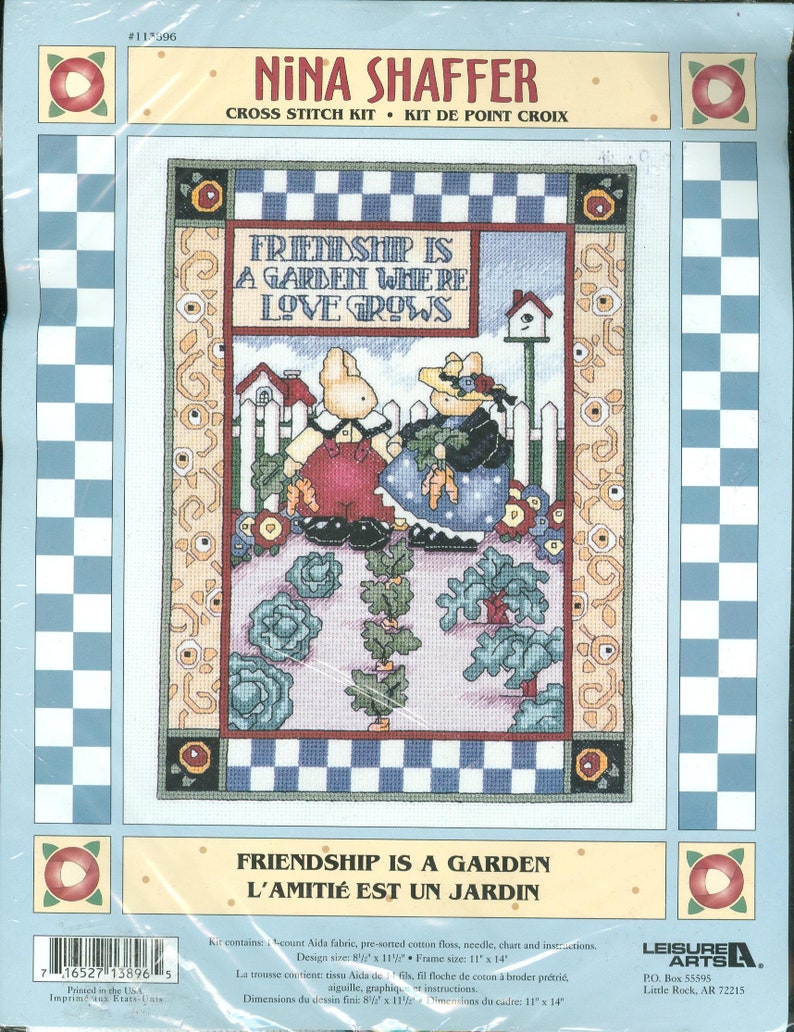 Leisure Arts Kit 113896 2000s Friendship is a Garden Where Love Grows Bunnies DIY NIP Counted Cross Stitch Kit 8-12 x 11-12