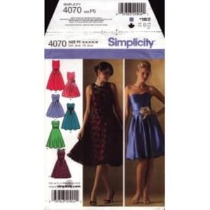 May include: Simplicity sewing pattern 4070, featuring a variety of dress designs. The pattern includes options for different styles, lengths, and colors, with images of the finished dresses. The package has a barcode and size information.