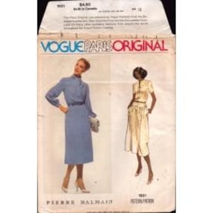May include: Vogue Paris Original sewing pattern for a dress and skirt by Pierre Balmain. The pattern includes instructions and diagrams for creating a long-sleeved dress with a collar and a skirt with a waistband.
