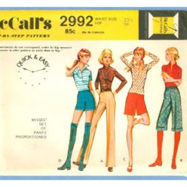 1971 Misses' Set of Proportioned Pants, Shorts, Culottes, Hot Pants Uncut Factory Fold Waist 25-1/2"  Hip 36" - McCall's Sewing Pattern 2992