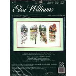 May include: Elsa Williams counted cross stitch kit featuring four seasonal landscape scenes. The kit includes the text "Everchanging Seasons" and "Spring & Country Lane". The finished design measures 28" x 12".