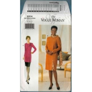May include: A sewing pattern for a dress with a long sleeve and a high neck. The dress is orange and brown with a leopard print scarf. The pattern is from the Vogue Woman collection and is size 18-20.