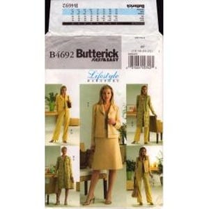 May include: Butterick B4692 sewing pattern featuring a lifestyle wardrobe. The pattern includes options for a skirt, pants, jacket, and coat. The pattern envelope is white with images of the finished garments in shades of yellow and green.