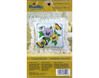 2005 Butterfly & Flowers NIP DIY Decorative Stamped Cross Stitch Pillow >> No Floss or Pillow Form << 12" x 12" - Bucilla Kit 65524