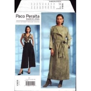 May include: A sewing pattern package featuring two fashion designs. One design is a sleeveless top with wide-leg pants. The other is a long coat with a wrap-around belt. The package includes the text "Paco Peralta Barcelona".
