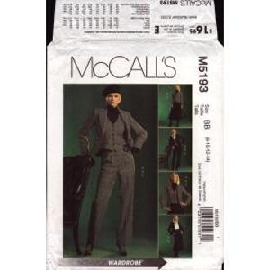 May include: McCall's M5193 sewing pattern for a women's wardrobe, featuring a suit with a jacket, vest, and pants. The pattern includes multiple views of the outfit, with a model wearing the finished garments. The package is white with black text and a photo.