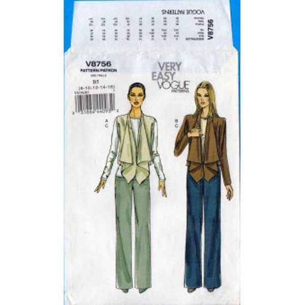 2011 Misses Long Sleeve or Sleeveless Open Front Loose Jacket & Fitted Straight Pants UC FF Size 8,10,12,14,16 - Vogue Sewing Pattern 8756