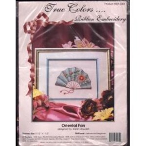 May include: A sealed package for a ribbon embroidery kit. The kit features a framed design of an Oriental fan with floral accents in shades of blue, red, and green. The package includes the text "True Colors... Ribbon Embroidery" and "Oriental Fan". The package dimensions are 9.5" x 7.5".