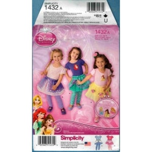 May include: Simplicity sewing pattern 1432 A for girls' Disney Princess costumes. The pattern includes three different costumes: a Belle dress with a yellow bodice and a blue skirt, a Cinderella dress with a blue bodice and a white skirt, and an Ariel dress with a purple bodice and a green skirt.