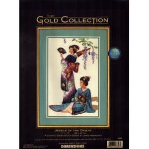 May include: A counted cross stitch kit titled Jewels of the Orient from The Gold Collection by Dimensions. The packaging features an illustration of two figures in traditional attire, one standing with a fan and one seated, measuring 11 by 17 inches.