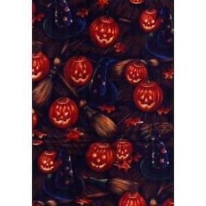 1998 1/2 yard Bell Knobs and Broomsticks Jack O Lantern Vintage Cotton Fabric 18" x 42" - Alexander Henry Collection Fabric BKB