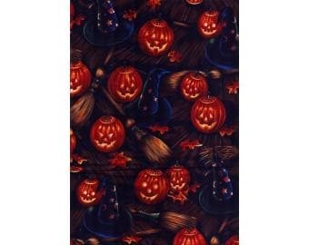 1998 1/2 yard Bell Knobs and Broomsticks Jack O Lantern Vintage Cotton Fabric 18" x 42" - Alexander Henry Collection Fabric BKB