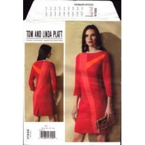 May include: A sewing pattern package featuring a red dress with orange and red geometric accents. The package includes images of the dress from different angles and the text "TOM AND LINDA PLATT" and "V1566". The dress has long sleeves and a boat neck.