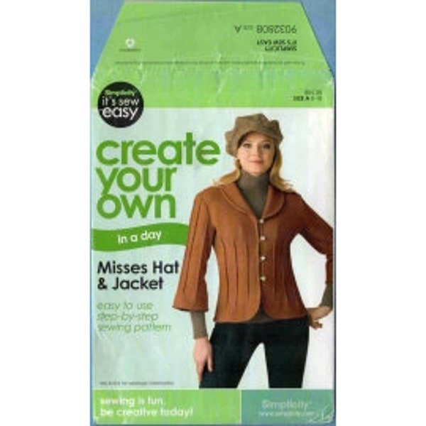 2010 Misses Front Button & Loop Tuck Shawl Collar Hip Jacket Newsboy Hat UC FF Size 8,10,12,14,16,18 - Simplicity Sewing Pattern 9032808