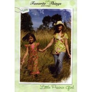 May include: A photograph of two people walking through tall grass. One person is wearing a straw hat, a green floral top, and blue jeans. The other person is wearing a red and orange dress. The text "Little Prairie Girl" is at the bottom.