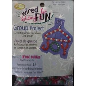 May include: A package for a holiday group project, featuring the text "Wired for Holiday Fun." The package includes materials to make 12 "Joy Ornaments." The design on the package shows a hanger-shaped ornament with red and green beads spelling out "JOY."