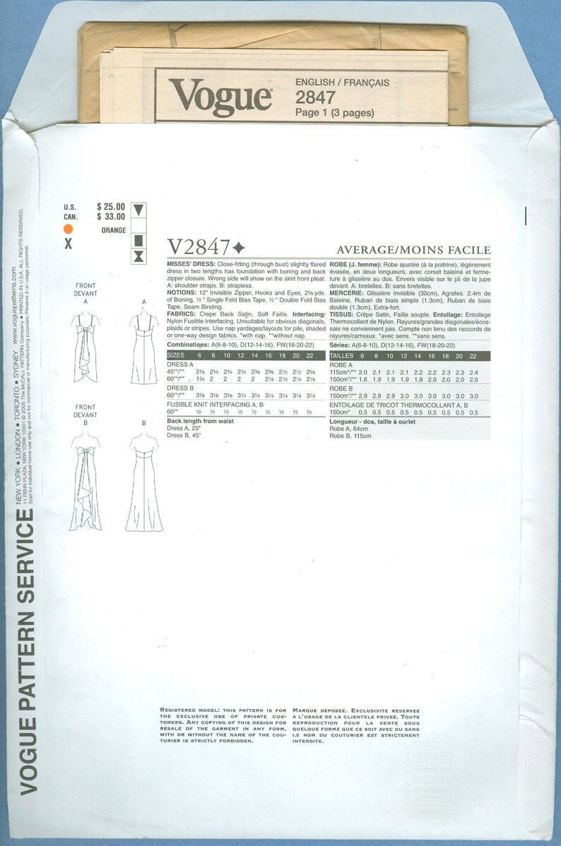 2005 Misses Dress Gown by Designer Tom and Linda Platt Uncut Factory Fold Size 6,8,10 Vogue American Designer Sewing Pattern 2847