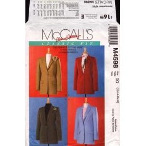 May include: A McCall's sewing pattern package featuring four different blazer designs. The package shows images of a tan, red, olive green, and light blue blazer. The text "McCall's Classic Fit" is displayed at the top of the package.