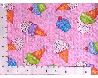 2000s Ice Cream Cones & Cupcakes with Sprinkles Pink Background 44" Wide Plisse Fabric BTY 1 yard x 44" - Tutti Frutti Fabric ICC