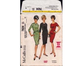 1964 Misses Wiggle Dress Raglan Short or Three Quarter Sleeve Skirt Side Front Gathers Uncut Size 16 - McCalls Sewing Pattern 7624