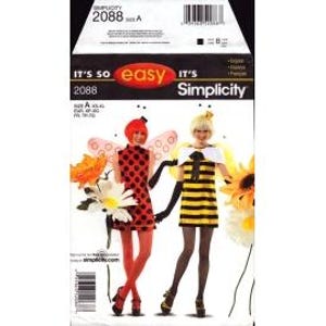 May include: Simplicity sewing pattern 2088, featuring two costume designs: a ladybug dress with red and black polka dots and a bee costume with yellow and black stripes. The pattern includes sizes A (XS-XL). The package displays the text "It's So Easy".