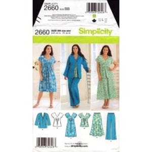 May include: Simplicity sewing pattern 2660 featuring three different women's clothing designs. The designs include a dress, a pantsuit, and a skirt and top set. The pattern includes sizes XS-XL. The pattern's color scheme is blue, green, and white.