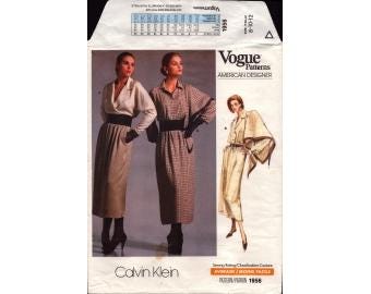 1987 Miisses Long Sleeve Notch Collar Wrap or Shirt Dirndl  Ankle Skirt Scarf Calvin Klein Uncut Size 8,10,12 - Vogue Sewing Pattern 1956