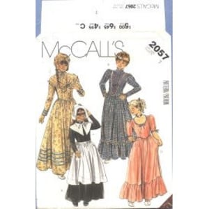 1985 Girls Pilgrim Colonial Williamsburg Prairie Long Dresses Shawl Apron Hat Bonnet UC FF Size 7 OR 12 - McCalls Sewing Pattern 2057