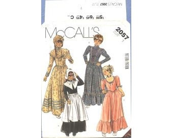1985 Girls Pilgrim Colonial Williamsburg Prairie Long Dresses Shawl Apron Hat Bonnet UC FF Size 7 OR 12 - McCalls Sewing Pattern 2057