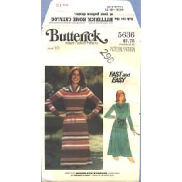 1970s Misses Knit Long Sleeve Cowl Collar Dress or Top Elastic Waist and Flared Pull On Skirt UC FF Size 10 - Butterick Sewing Pattern 5636