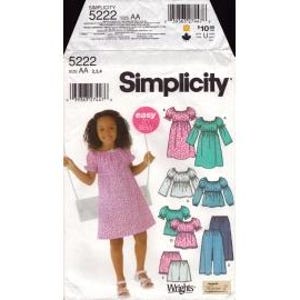 May include: A Simplicity 5222 sewing pattern envelope featuring illustrations of various tops, dresses, and pants. The cover displays a child wearing a purple floral dress and includes the text Easy to Sew, Simplicity, and the pattern number 5222.